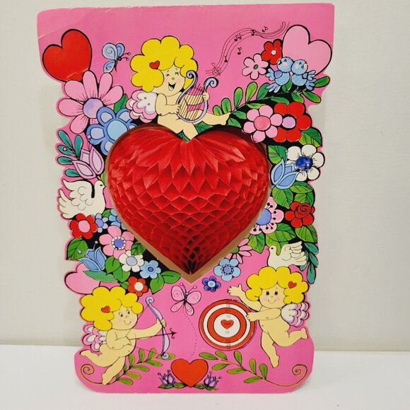 Vtg Norcross Stand Alone Valentine Paper Puff Heart Cupid Floral Pink Red Decor - Picture 1 of 9